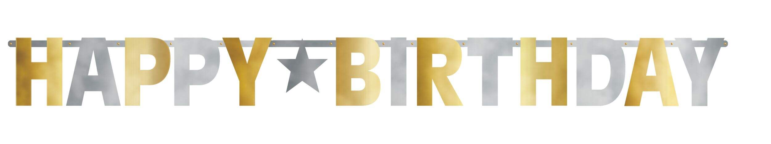 Banderole guirlande en aluminium à suspendre Happy Birthday, doré/argenté, 10,75 pi, pour fête d'anniversaire Front_Flat