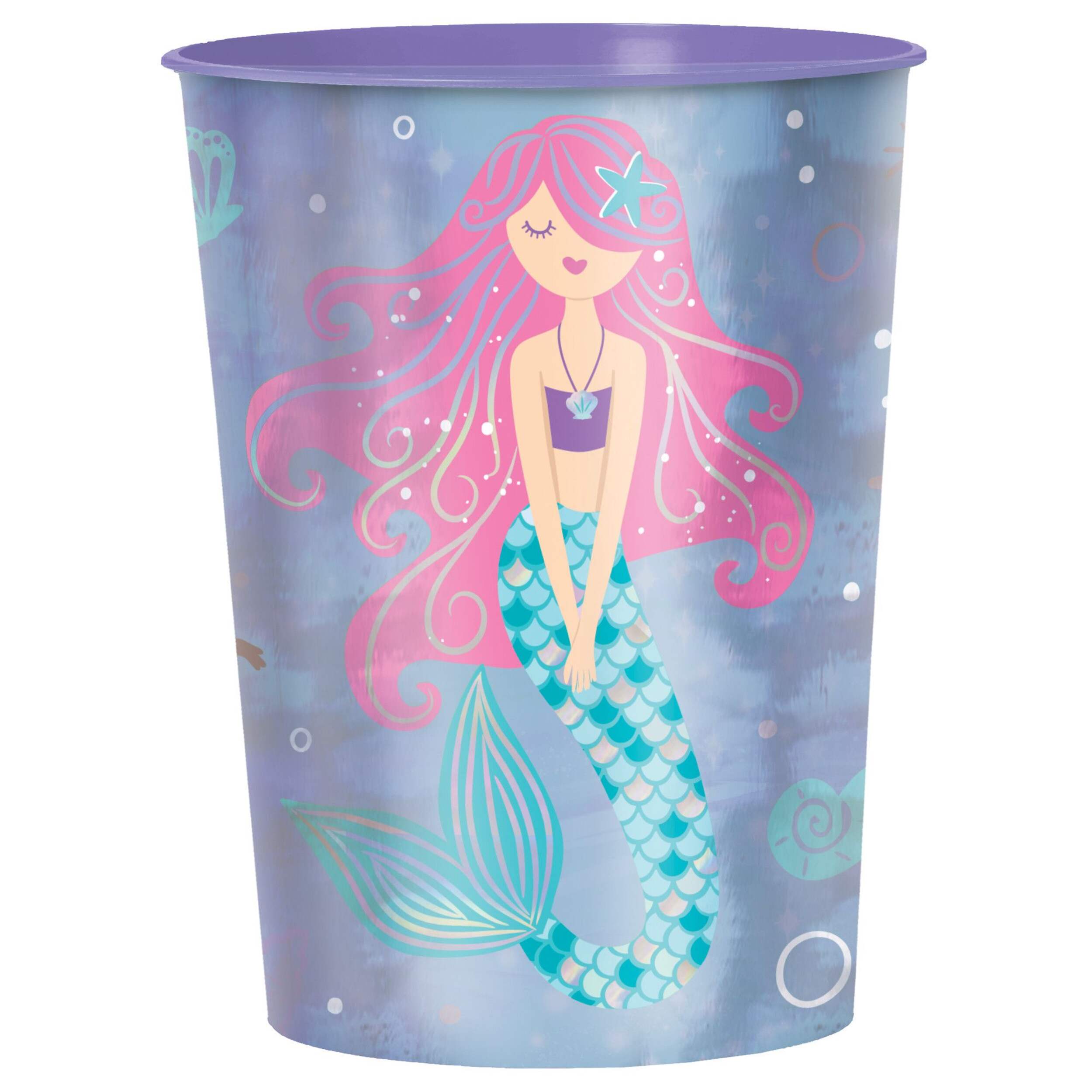 Shimmering Mermaids Plastic Reusable Favour Cup, Purple, 16-oz, for Birthday Party Front_Elevated