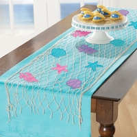 Shimmering Mermaids Rectangle Reusable Fish Net Table Runner with Confetti, Blue, 7.75-in, 13-pk, for Birthday Party Front_Flat