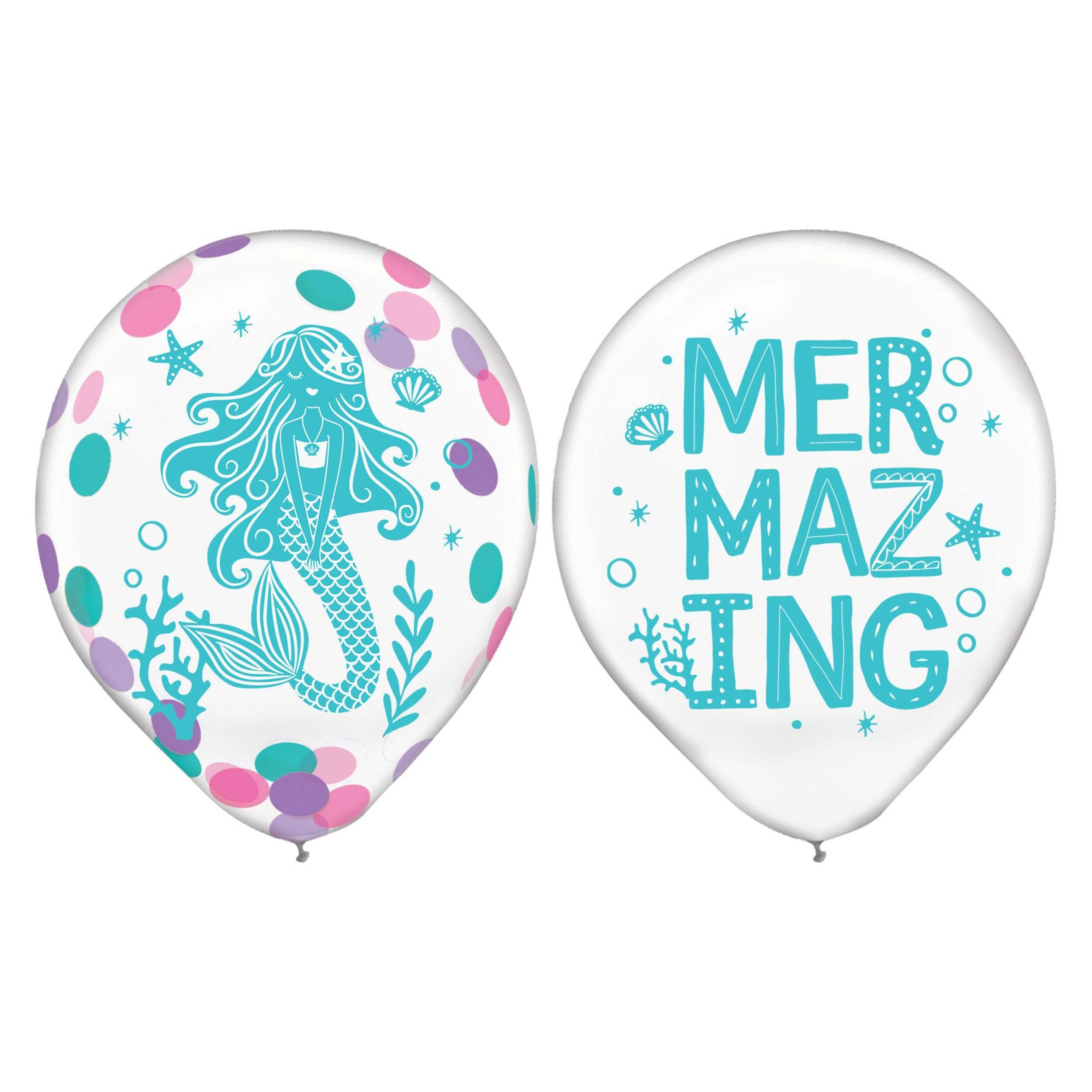 Shimmering Mermaid "Mermazing" Round Transparent Confetti Latex Balloons, Blue/Pink/Purple, 12-in, 6-pk, for Birthday Party Front_Flat