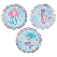 Shimmering Mermaids Round Paper Disposable Dessert Plates, Silver/Blue, 7-in, 8-pk, for Birthday Party Overhead_Flat