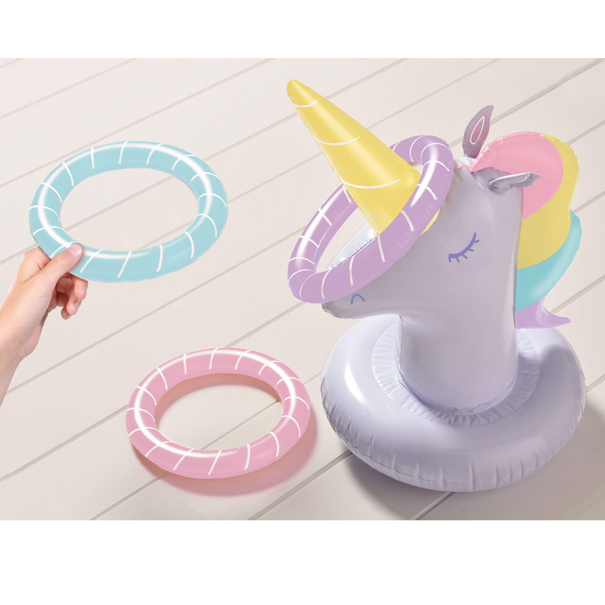 Unicorn Inflatable Ring Toss Game, White/Multi-Coloured, 3-pk, for Birthday/Party Favour Overhead_Plunge