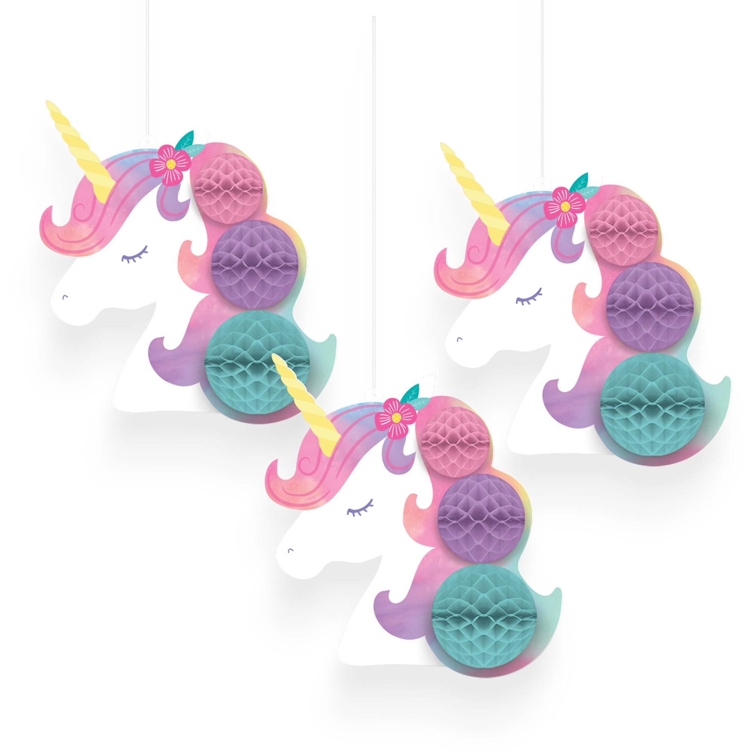 Unicorn Honeycomb Hanging Decorations, Pink/Blue, 9-in, 3-pk, for Birthday Party Front_Flat