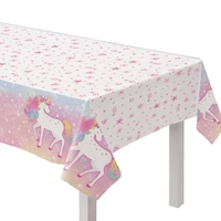 Amscan Unicorn Rectangle Plastic Reusable Table Cover, Pink/White, 54 x 96-in