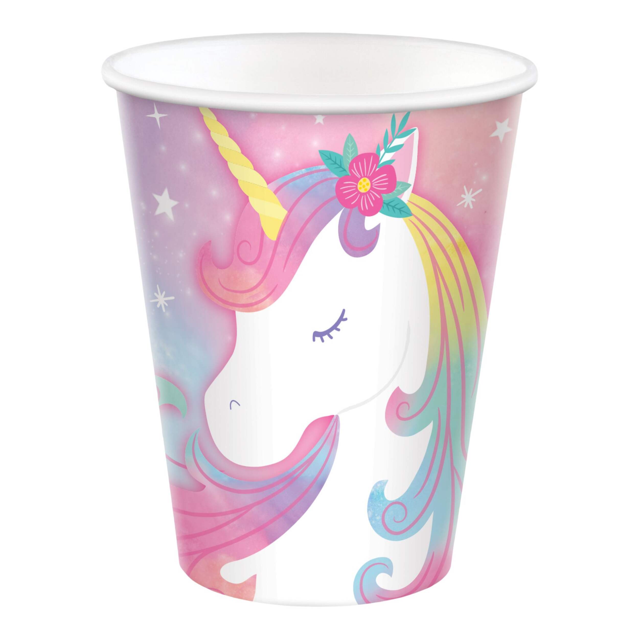 Unicorn Paper Disposable Cups, Pink/Blue, 9-oz, 8-pk, for Birthday Party Front_Flat