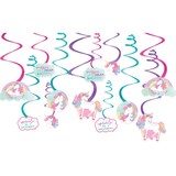 Unicorn "Imagine Dream Believe" Swirl Hanging Decorations, Pink/Blue, 10-in, 12-pk, for Birthday Party Front_Flat