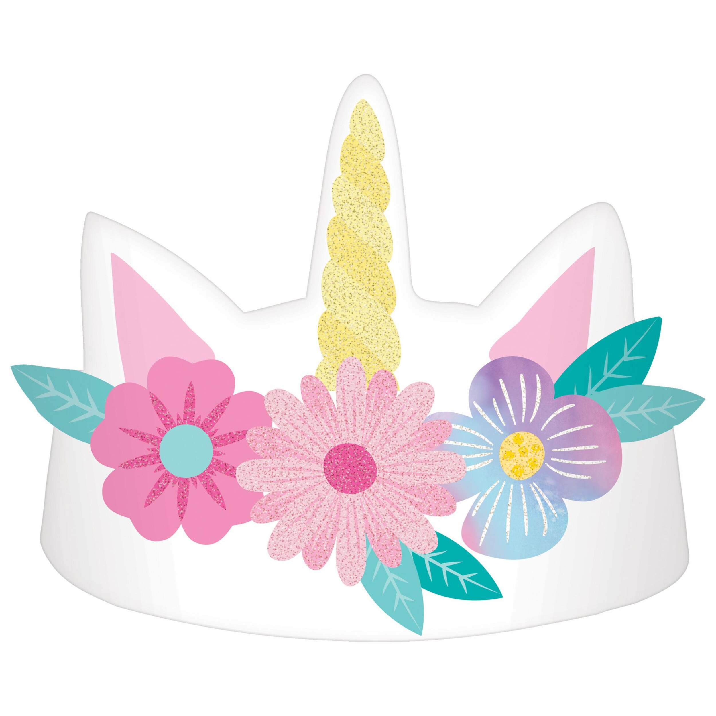Unicorn Flower Crown with Horn Headband, Multi-Coloured, One Size, 8-pk, Wearable Accessories for Birthdays Front_Flat