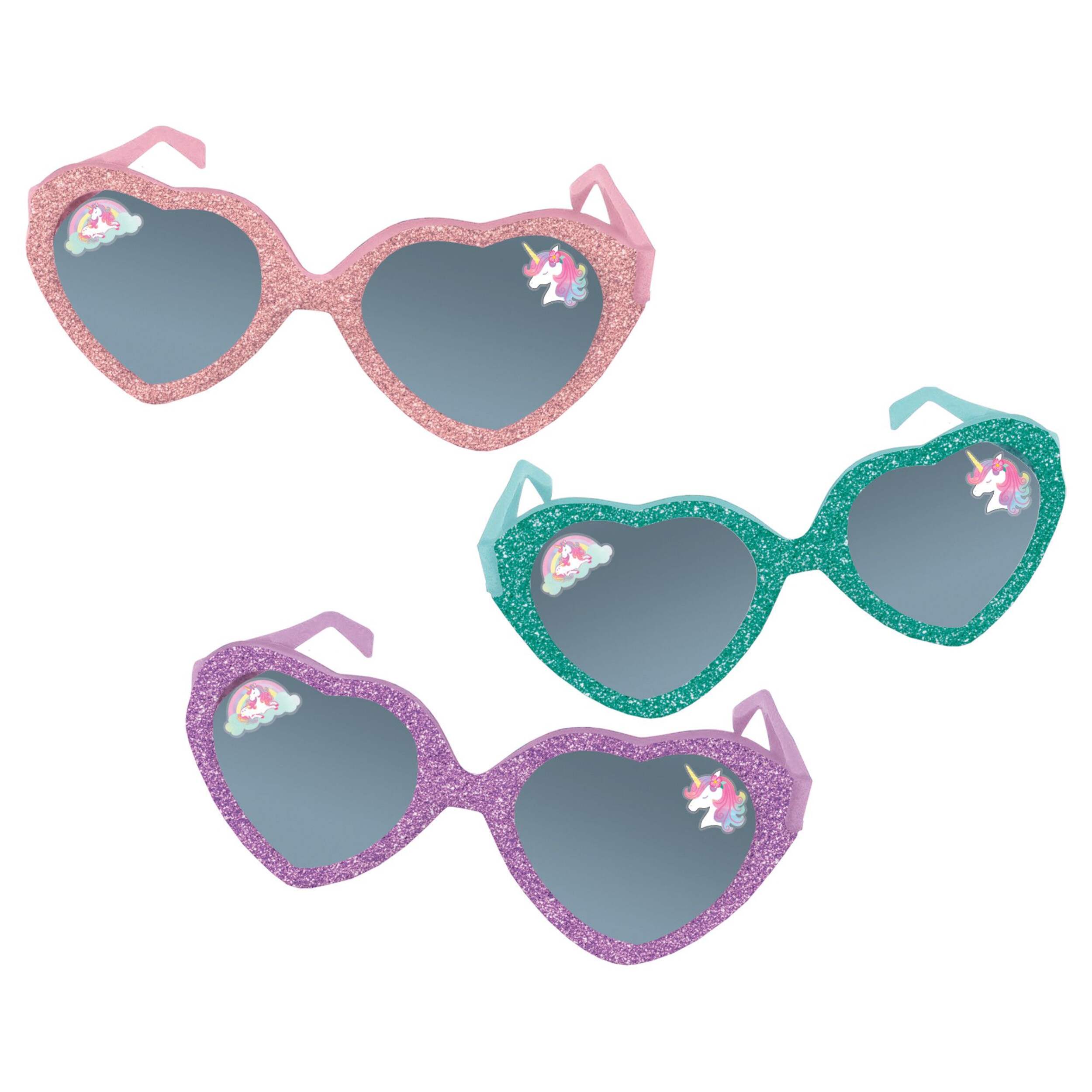 Unicorn Heart-Shaped Glitter Sunglasses, Pink/Green/Purple, One Size, 6-pk, Wearable Accessories for Birthdays Composite_or_Mixed