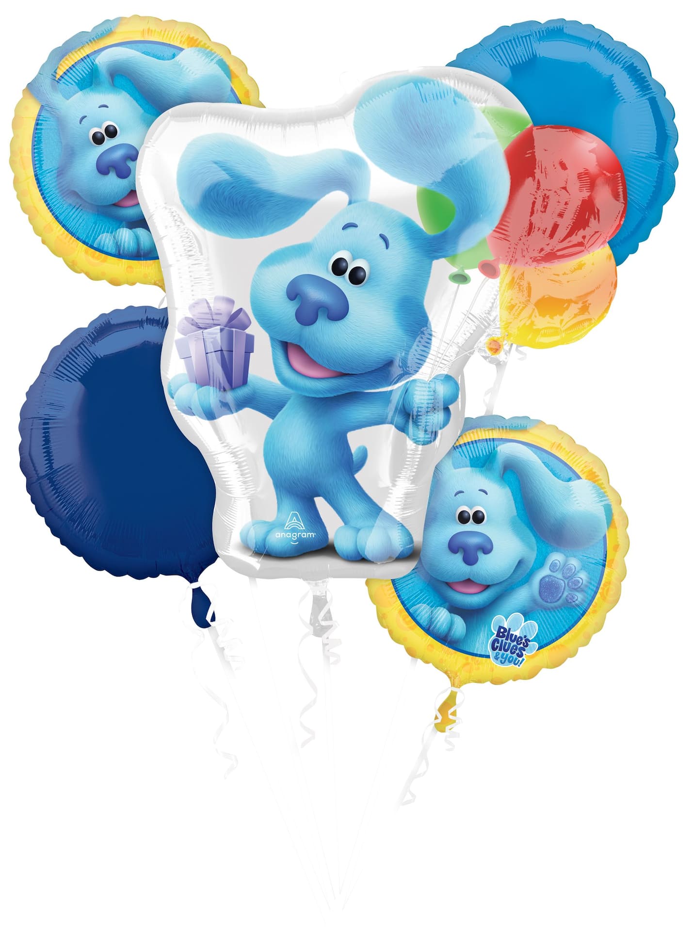 Nickelodeon Blue's Clues Round Satin Foil Balloon Bouquet, Blue, 5-pk,  Helium Inflation & Ribbon Included for Birthday Party