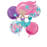 Shimmering Mermaid Round Satin Foil Balloon Bouquet, Pink/Purple/Blue, 5-pk, Helium Inflation & Ribbon Included for Birthday Party Front_Flat