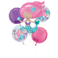 Shimmering Mermaid Round Satin Foil Balloon Bouquet, Pink/Purple/Blue, 5-pk, Helium Inflation & Ribbon Included for Birthday Party Front_Flat