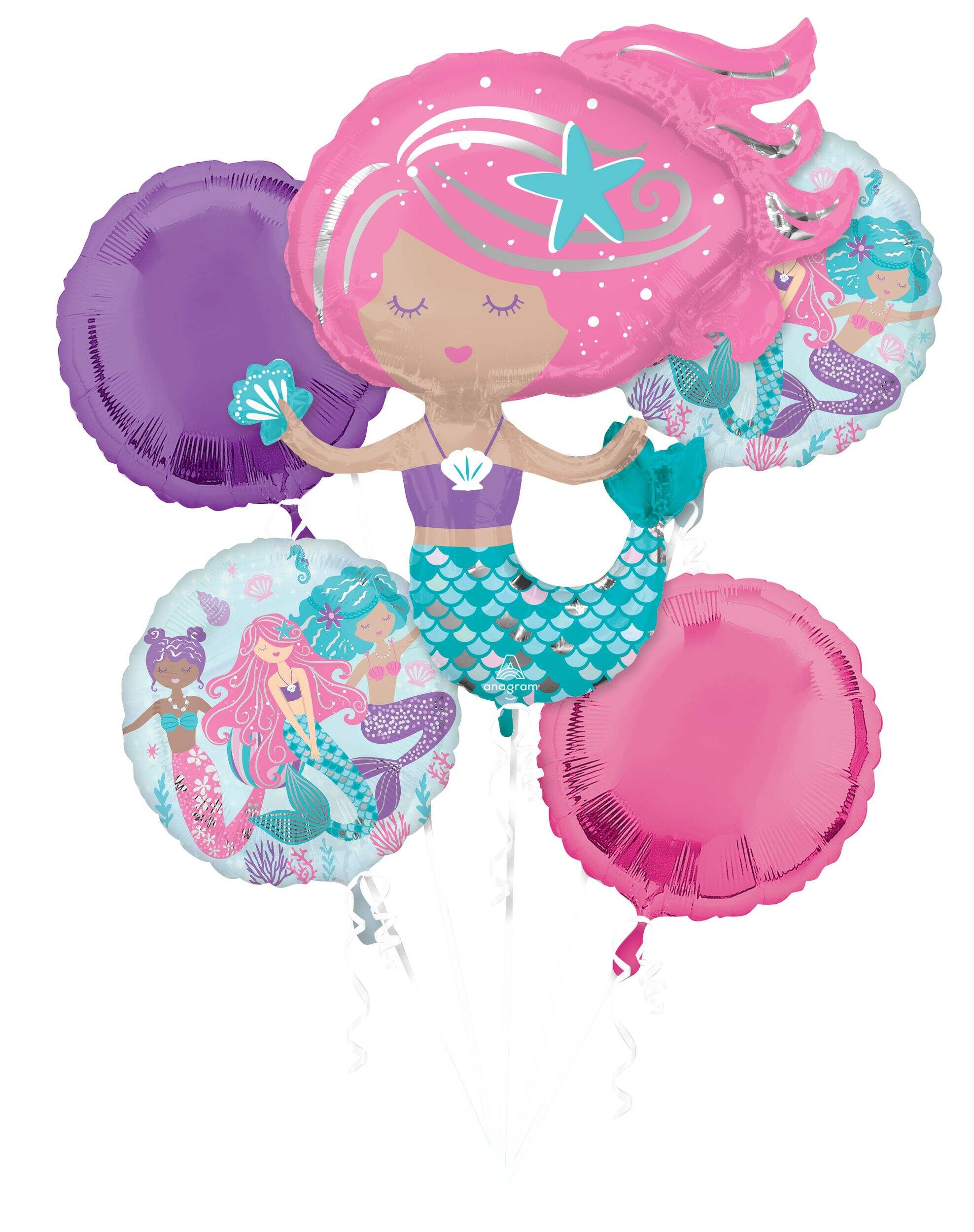 Bouquet de ballons en aluminium satiné rond Sirènes chatoyantes, rose/violet/bleu, paq. 5, gonflement à l'hélium et ruban inclus, pour fête d'anniversaire Front_Flat