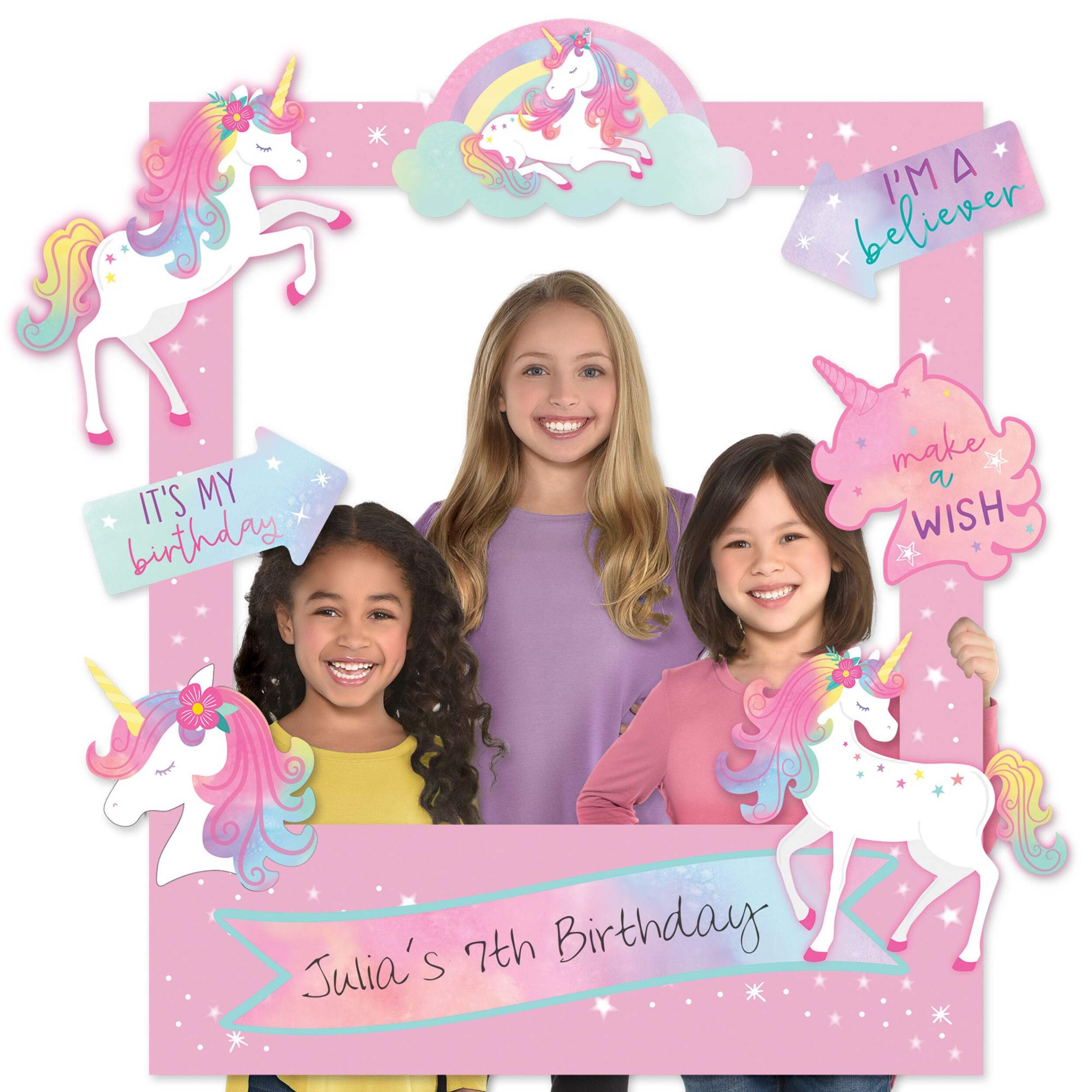 Unicorn "It's my Birthday" DIY Customizable Photo Frame Decoration, Pink, 35-in, for Birthday Party Front_Flat