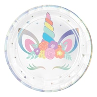 Unicorn Round Paper Disposable Lunch Plates, Iridescent Silver, 9-in, 8-pk, for Birthday Party Overhead_Flat