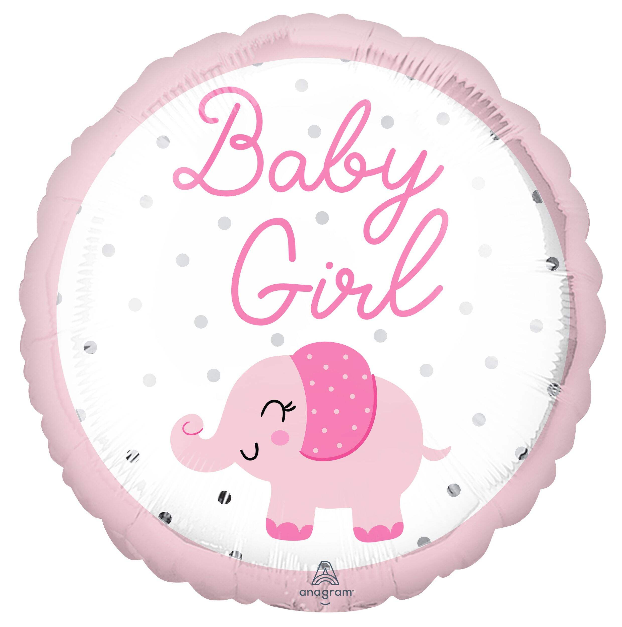 Elephant "Baby Girl" Round Satin Foil Balloon, Pink/White, 18-in, Helium Inflation & Ribbon Included for Baby Shower Front_Flat