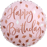 Ballon en aluminium satiné rond Blush Birthday Happy Birthday, or rose/rose, 18 po, gonflement à l'hélium et ruban inclus, pour fête d'anniversaire Front_Flat