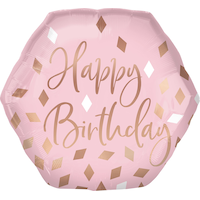 Ballon en aluminium satiné octogone Blush Birthday Happy Birthday, or rose/rose, 23 po, gonflement à l'hélium et ruban inclus, pour fête d'anniversaire Front_Flat