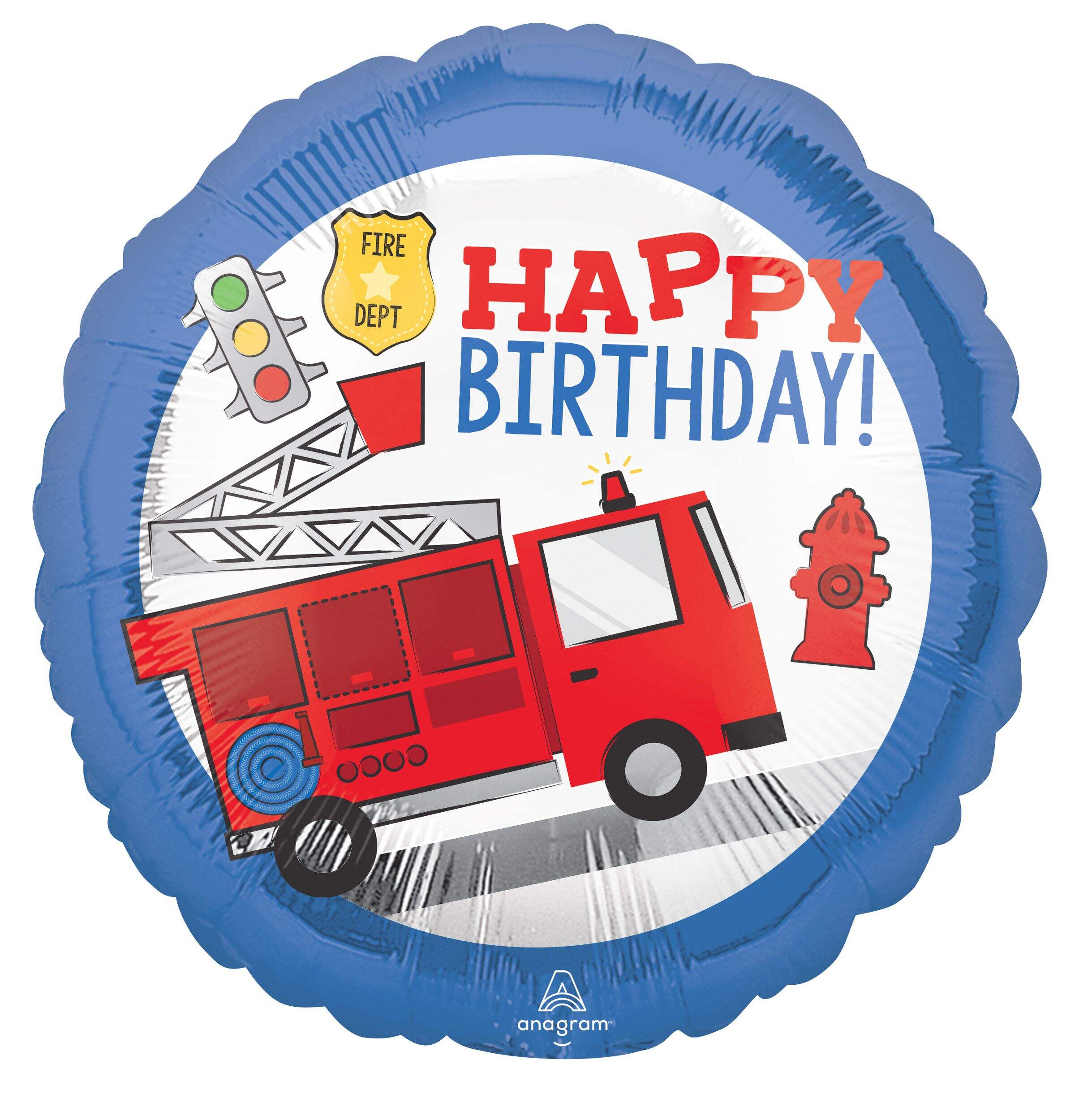 Ballon en aluminium satiné rond premiers intervenants Happy Birthday, bleu/rouge, camion de pompier, 18 po, gonflement à l'hélium et ruban inclus, pour fête d'anniversaire Front_Flat