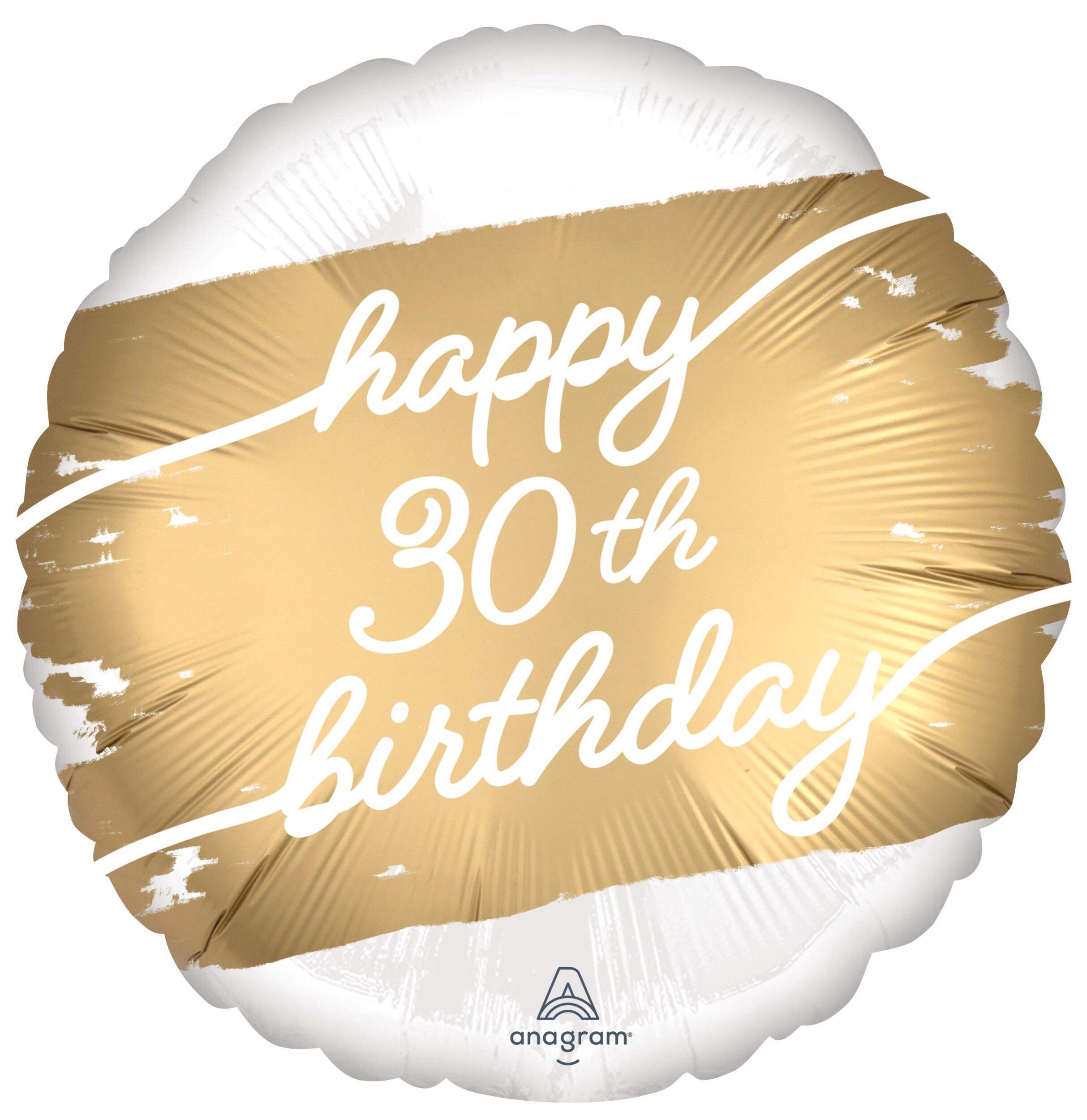 Golden Age 'Happy 30th Birthday' Round Satin Foil Balloon, White/Gold, 18-in, Helium Inflation & Ribbon Included for 30th Birthday Party Front_Flat