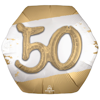 Ballon en aluminium satiné octogone Âge d'or 50, blanc/or, 30 po, gonflement à l'hélium et ruban inclus, pour fête d'anniversaire Front_Flat