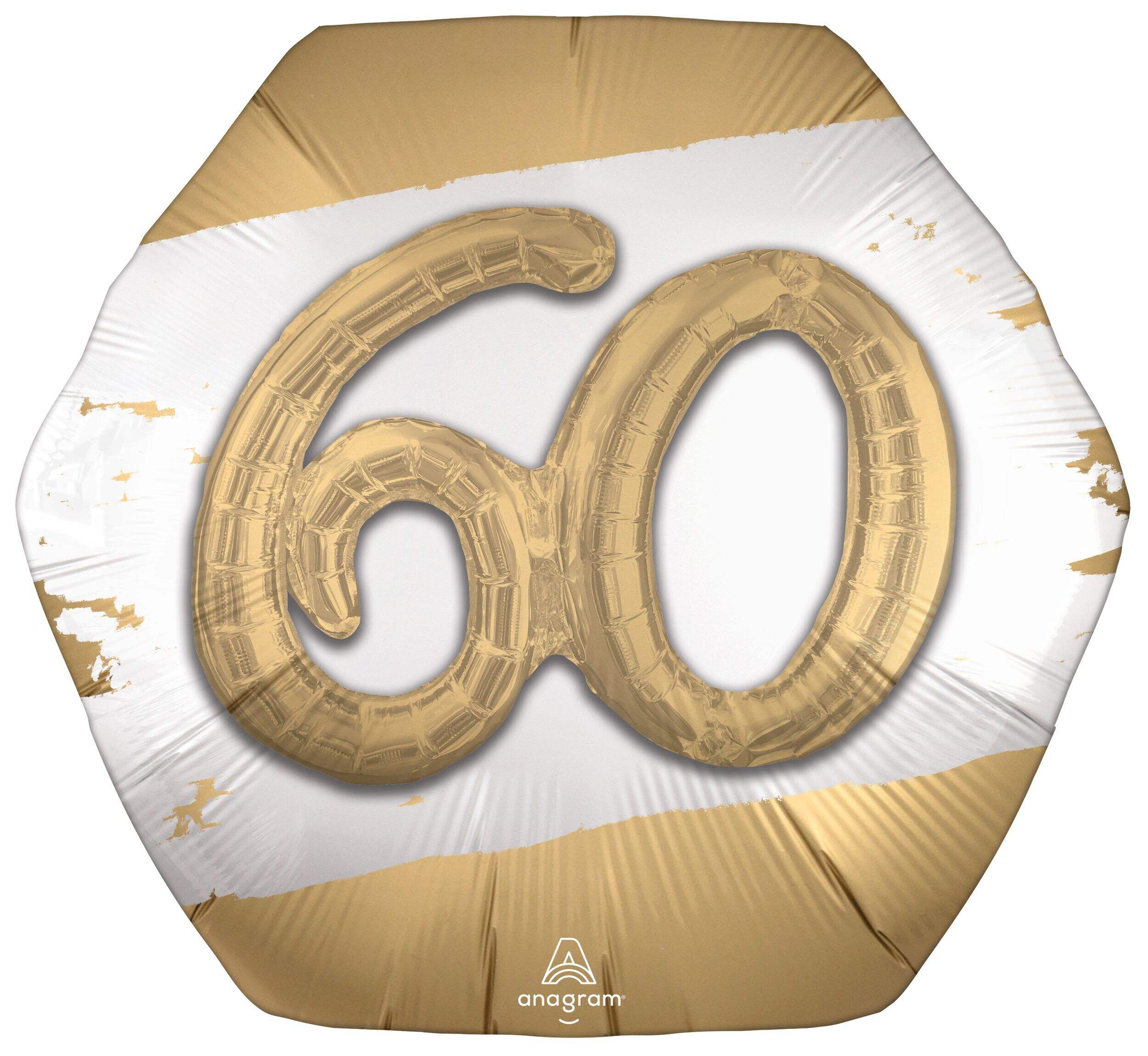 Golden Age '60' Octagon Satin Foil Balloon, White/Gold, 30-in, Helium Birthday Balloon & Ribbon Included for Birthday Party Front_Flat