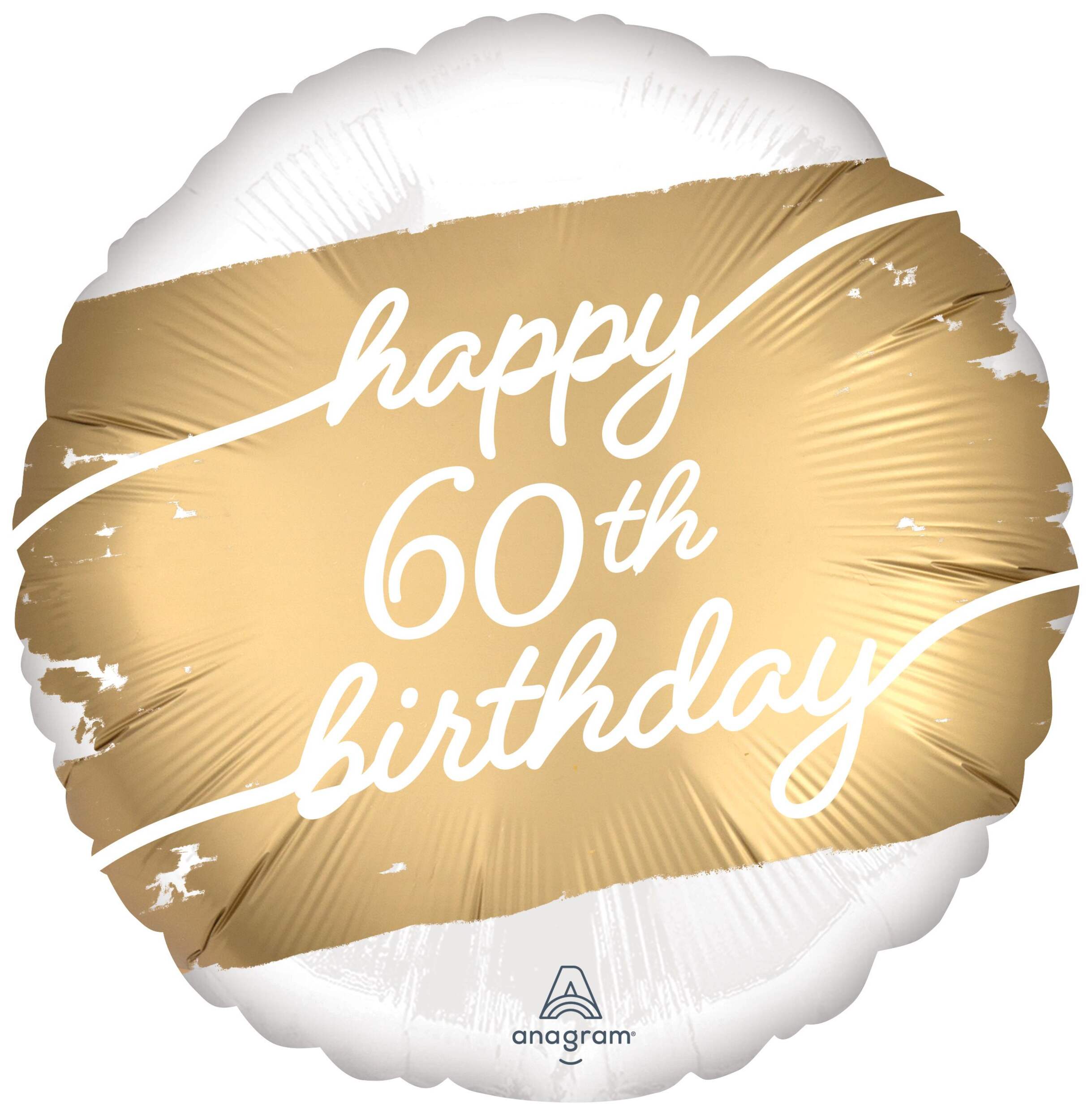 Golden Age 'Happy 60th Birthday' Round Satin Foil Balloon, White/Gold, 18-in, Helium Inflation & Ribbon Included for 60th Birthday Party Front_Flat