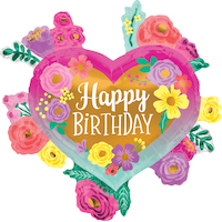 Happy Birthday Heart/Flowers Satin Foil Balloon, Multi-Coloured, Floral, 28-in, Helium Inflation & Ribbon Included for Birthday Party, Happy Birthday Balloon Front_Flat