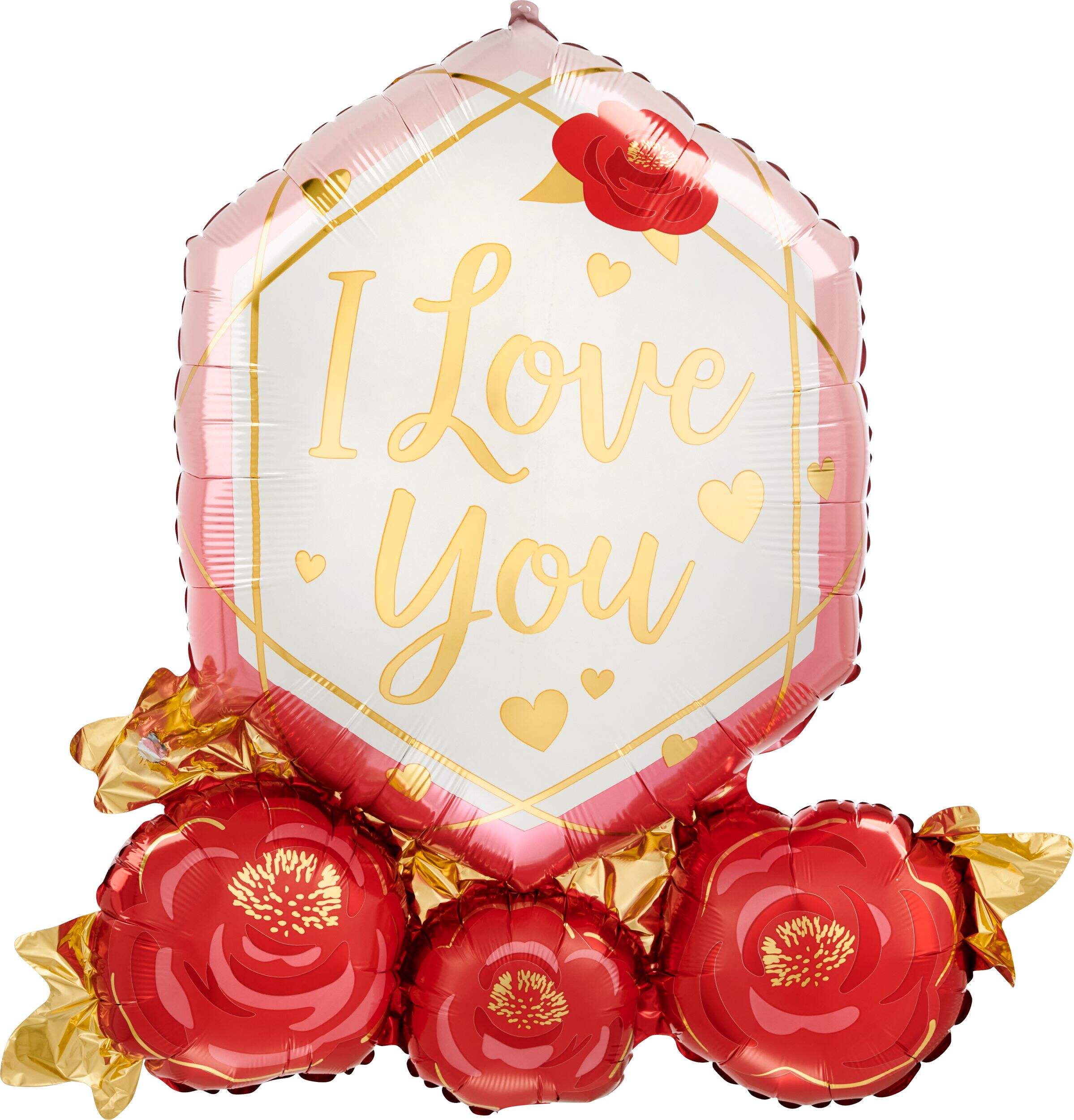 Ballon en aluminium satiné gen et roses I Love You, rose/or, 30 po, gonflement à l'hélium et ruban inclus, pour Saint-Valentin/anniversaire Front_Flat