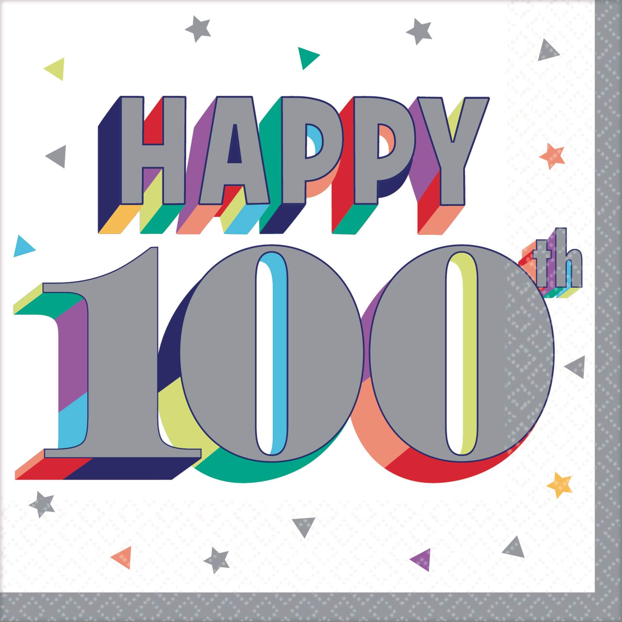 "Happy 100th" Square Paper Disposable Beverage Napkins, White/Grey, 5-in, 16-pk, 2-ply, for Milestone Birthday Front_Flat