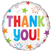 "Thank You" Round Satin Foil Balloon, White/Multi-Coloured, Stars, 18-in, Helium Inflation & Ribbon Included for Special Occasion Front_Flat