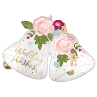 Ballon en aluminium satiné cloches de mariage Wedding Wishes, blanc/rose, floral, 32 po, gonflement à l'hélium et ruban inclus, pour mariage Front_Flat