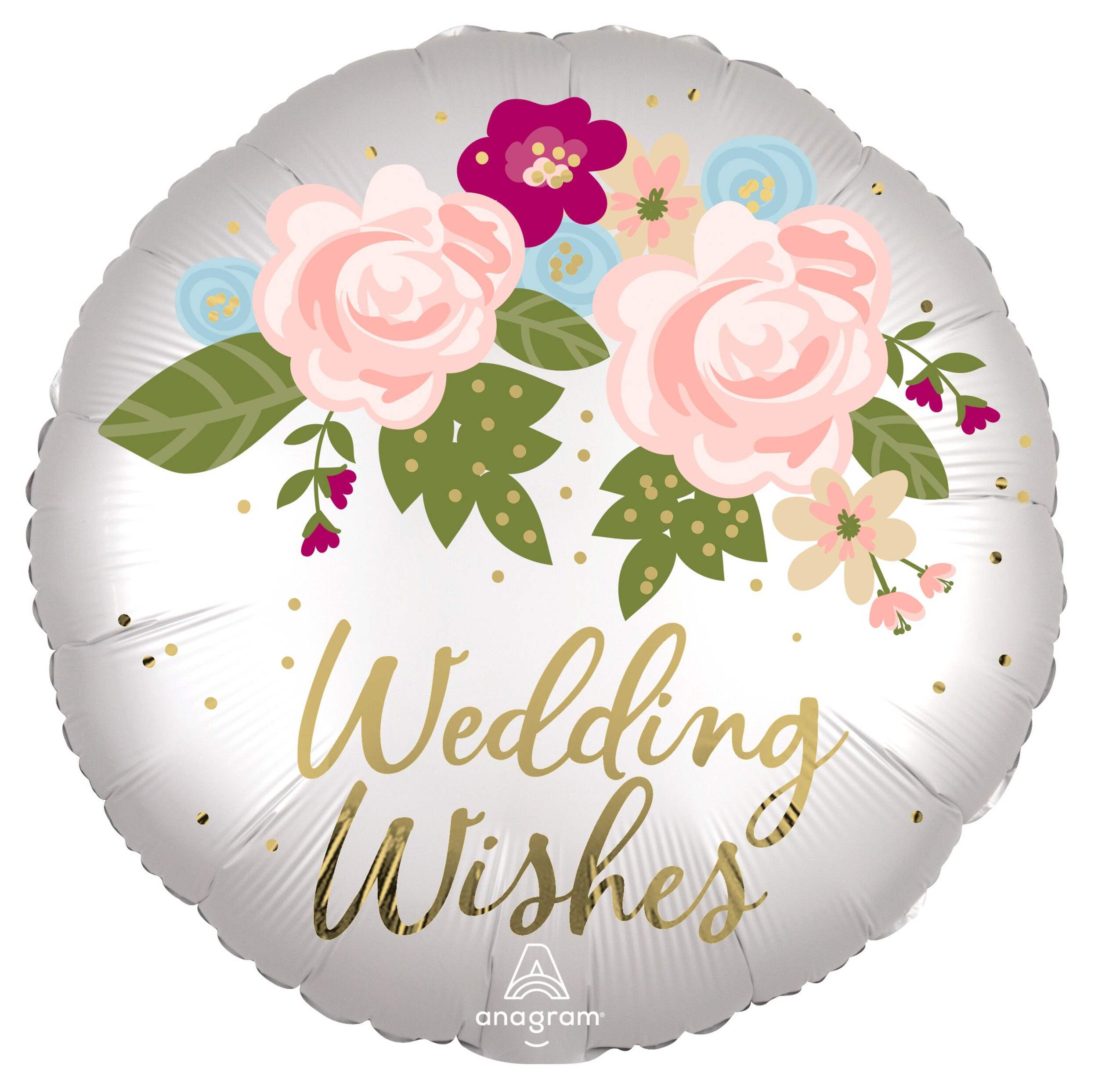 Ballon en aluminium satiné rond Wedding Wishes, blanc/or, floral, 18 po, gonflement à l'hélium et ruban inclus, pour mariage Front_Flat