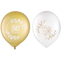 Ballons en latex ronds 50th Anniversary, blanc/or, 12 po, paq. 15, pour anniversaire Front_Flat