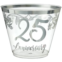 "25th Anniversary" Bordered Trimmed Plastic Reusable Tumbler Cups, Clear/Silver, 9-oz, 30-pk, for Anniversary Party Front_Elevated