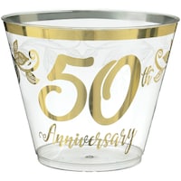 "50th Anniversary" Bordered Trimmed Plastic Reusable Tumbler Cups, Clear/Gold, 9-oz, 30-pk, for Anniversary Party Front_Elevated