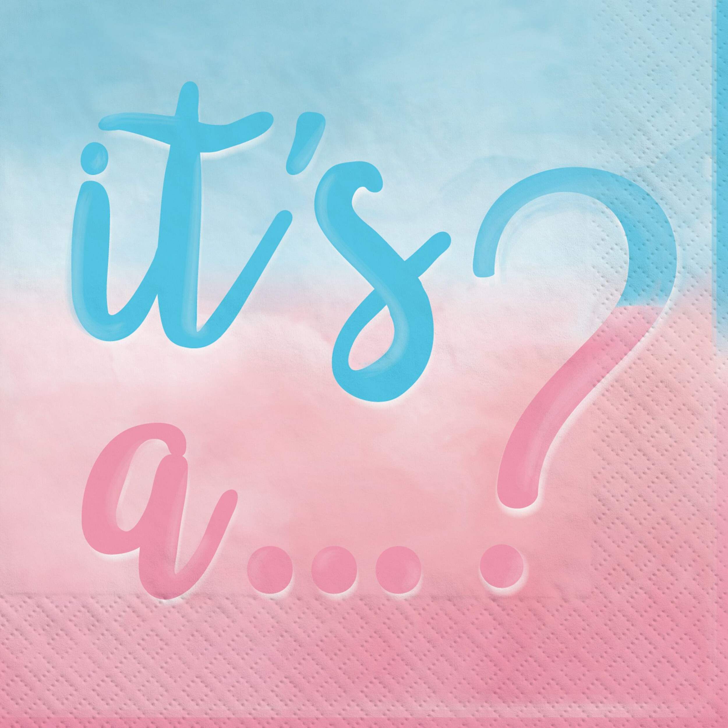 "It's a..?" Square Paper Disposable Beverage Napkins, Blue/Pink, 5-in, 16-pk, 2-ply, for Gender Reveal Front_Flat