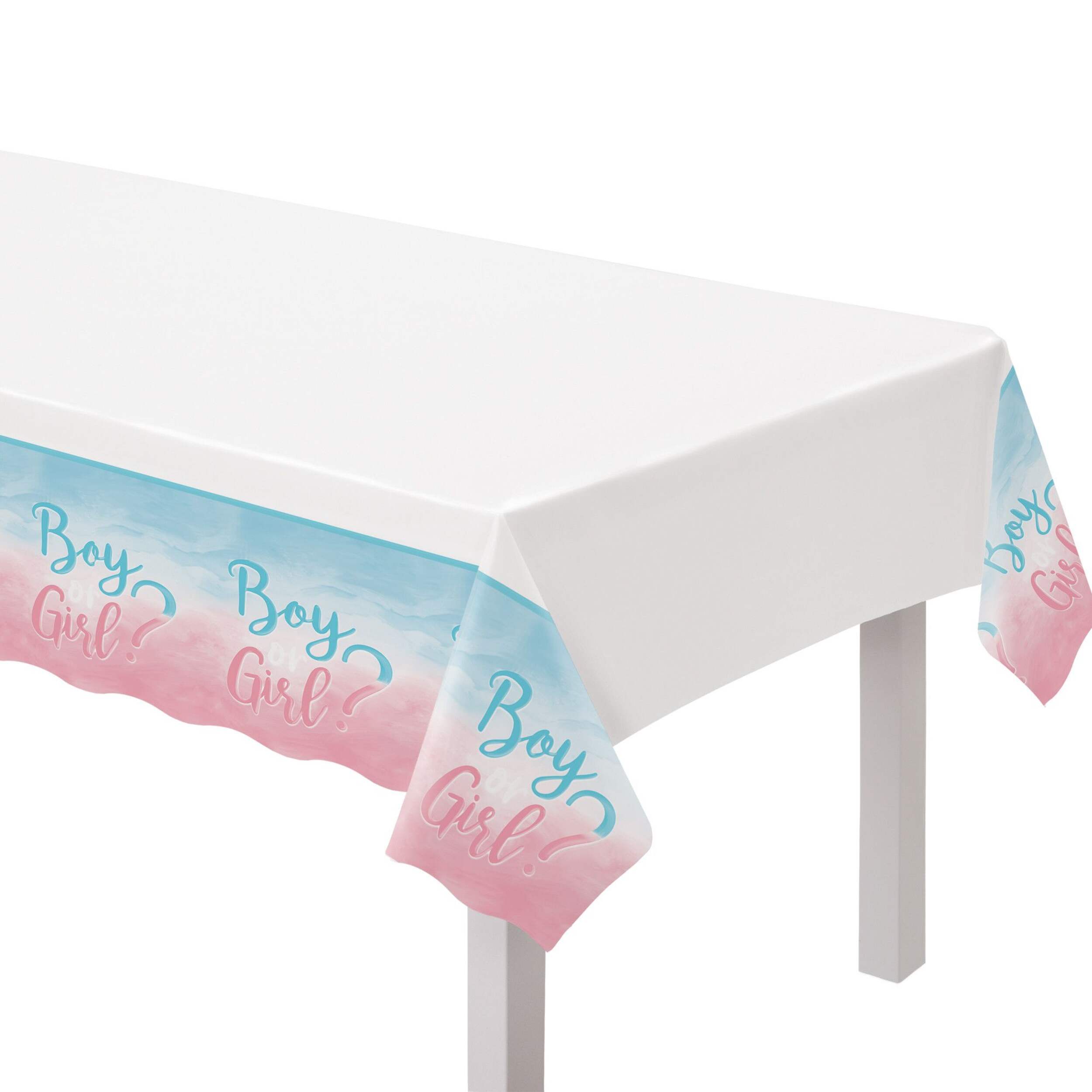 "Girl or Boy?" Rectangle Plastic Reusable Table Cover, Pink/Blue, 54x102-in, for Gender Reveal CloseUp