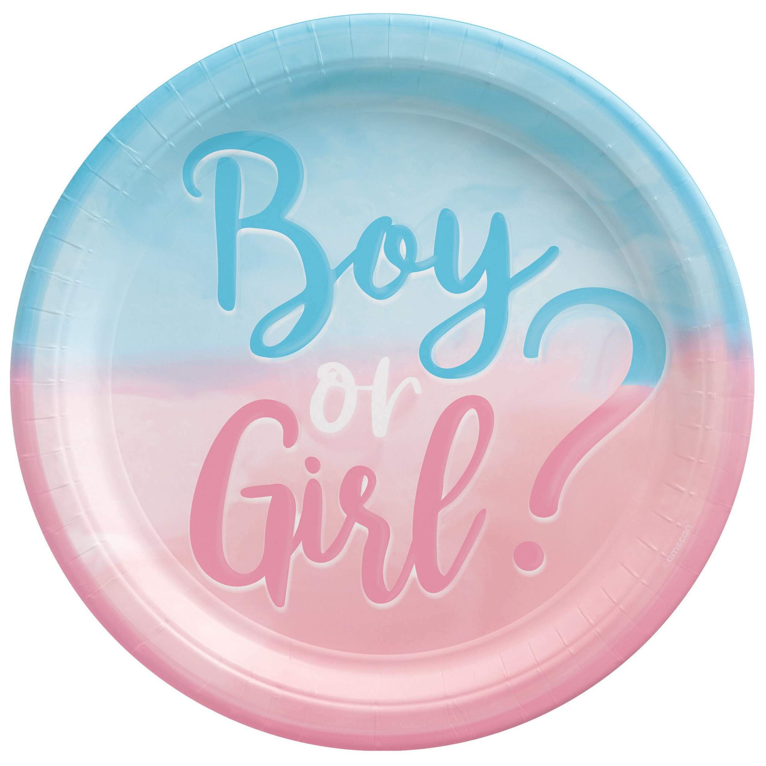 "Boy or Girl?" Round Paper Disposable Dinner Plates, Blue/Pink, 10.5-in, 8-pk, for Gender Reveal Overhead_Flat