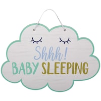 "Shhh Baby Sleeping" Cloud Hanging Sign Decoration, White/Blue, 11.5-in, for Baby Shower Front_Flat