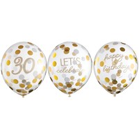Golden Age "30" Round Transparent Confetti Latex Balloons, Gold, 12-in, 6-pk, for Birthday Party Front_Flat
