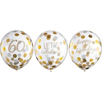 "60" Round Transparent Confetti Latex Balloons, Gold, 12-in, 6-pk, for Birthday Party Front_Flat