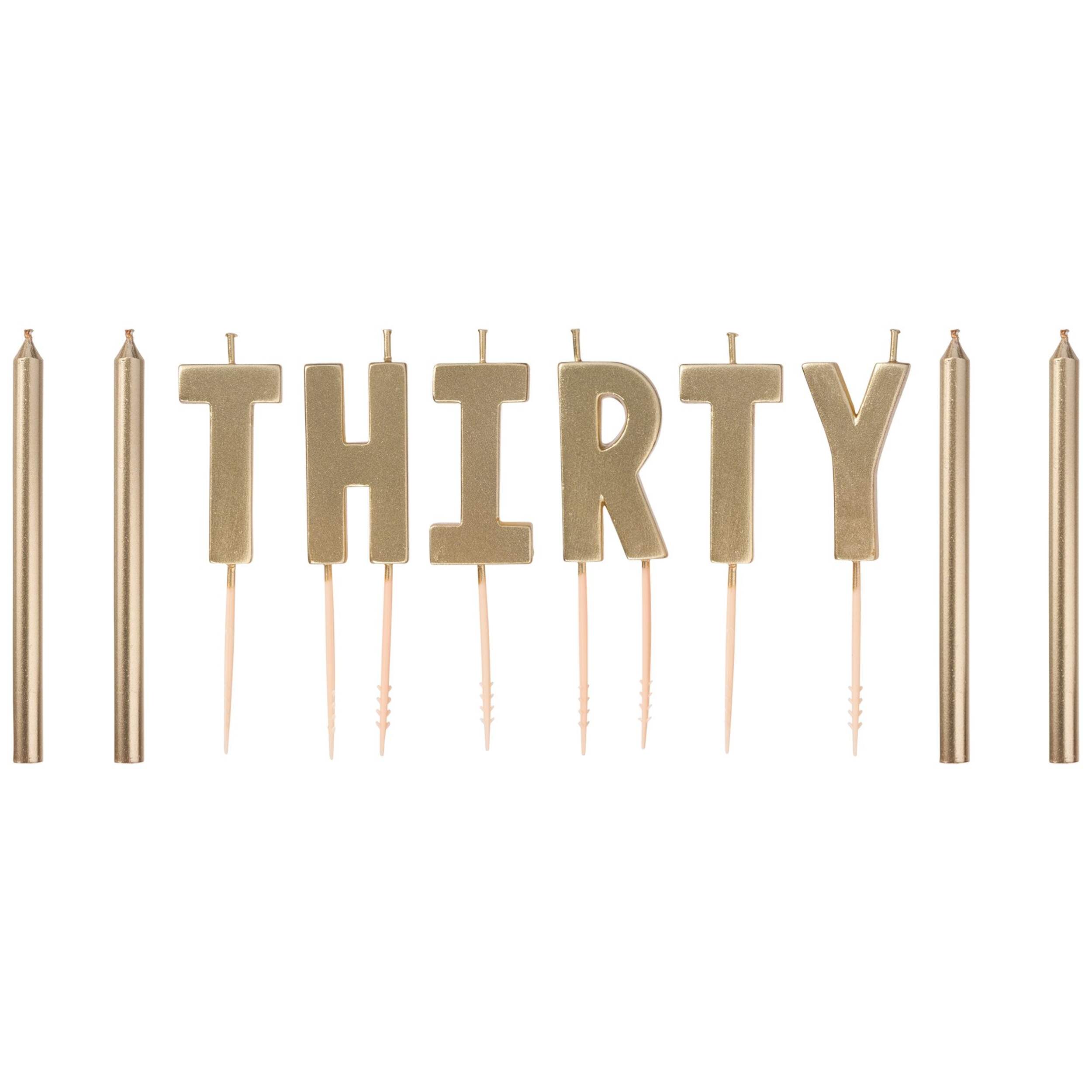 Golden Age "Thirty" Letter Wax Candle Set, Gold, 4.5-in, 9-pk, for Birthday Party Front_Flat