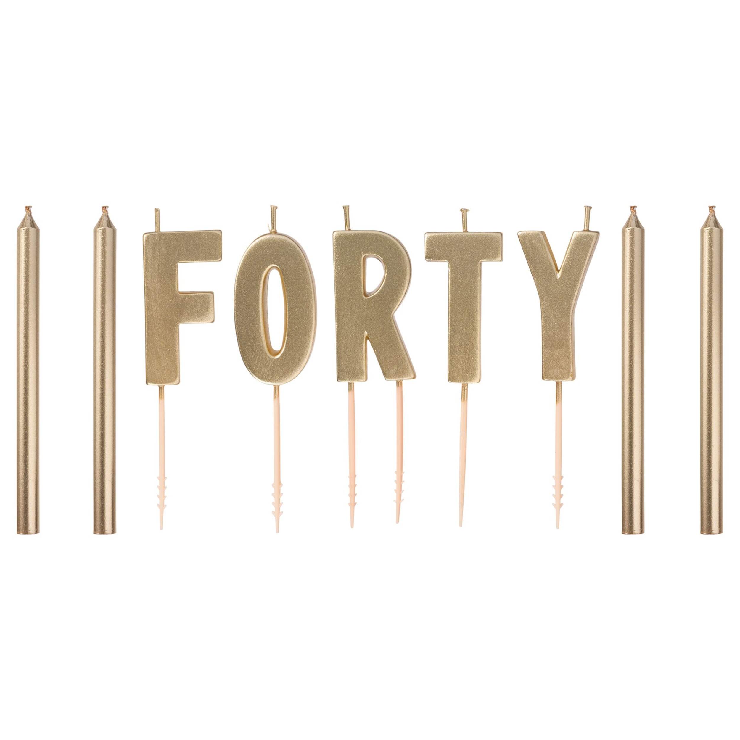 Golden Age "Forty" Letter Wax Candle Set, Gold, 4.5-in, 9-pk, for Birthday Party Front_Flat