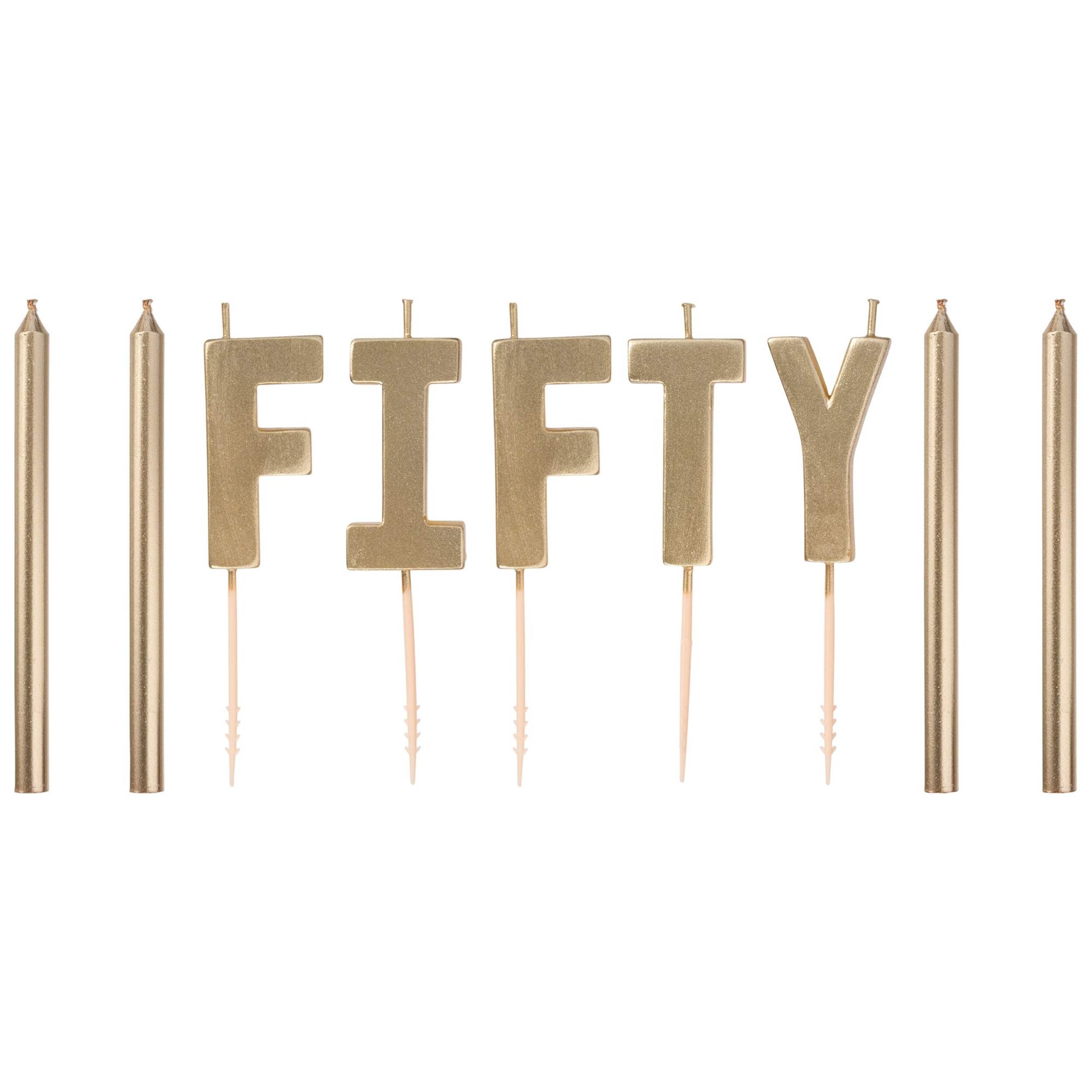 Golden Age "Fifty" Letter Wax Candle Set, Gold, 4.5-in, 9-pk, for Birthday Party Front_Flat