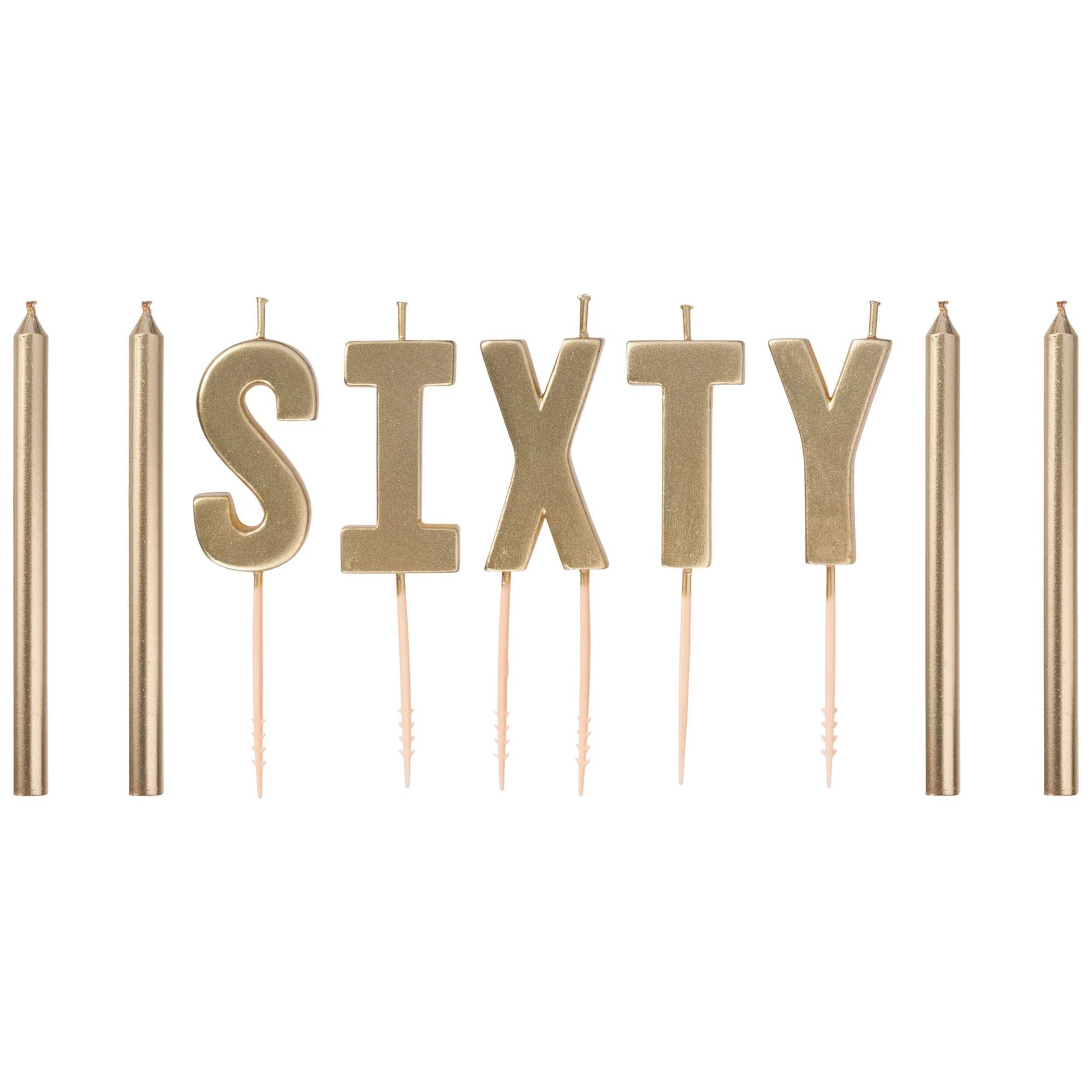 Golden Age "Sixty" Letter Wax Candle Set, Gold, 4.5-in, 9-pk, for Birthday Party Front_Flat