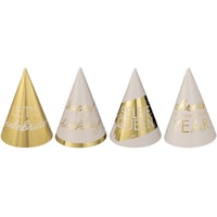 Chapeaux de fête métalliques en forme de cône Let's Celebrate, Golden Age, blanc/doré, taille unique, paq. 4, accessoires à porter pour les anniversaires Front_Flat