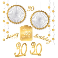Golden Age "Happy 30th Birthday" Room & Table Centerpiece Decorating Kit, Gold/White, 10-in, 11-pk, for Birthday Party Front_Flat