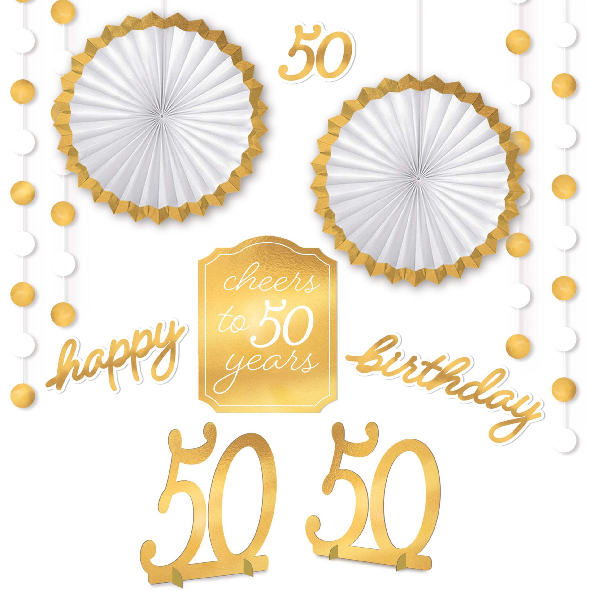 Golden Age "Happy 50th Birthday" Room & Table Centerpiece Decorating Kit, Gold/White, 10-in, 11-pk, for Birthday Party Front_Flat