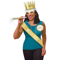 Golden Age "Aged to Perfection" Crown Tiara, Button and Horn Kit, Gold/White, One Size, 3-pk, Wearable Accessories for Birthdays Composite_or_Mixed