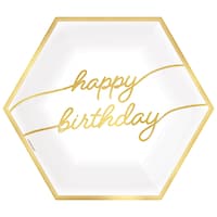 Golden Age "Happy Birthday" Hexagon Paper Disposable Lunch Plates,Gold/White, 9-in, 8-pk, for Milestine Birthday Overhead_Flat
